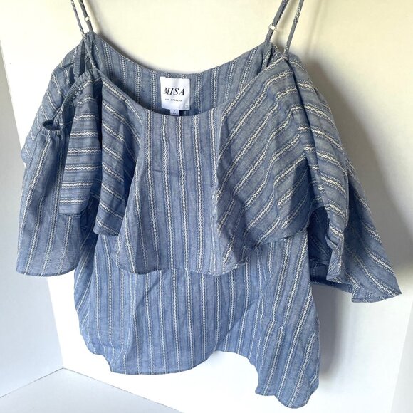 MISA Los Angeles Marina Top Womens L Blue Stripe Cotton Ruffle Cold Shoulder - Picture 2 of 9